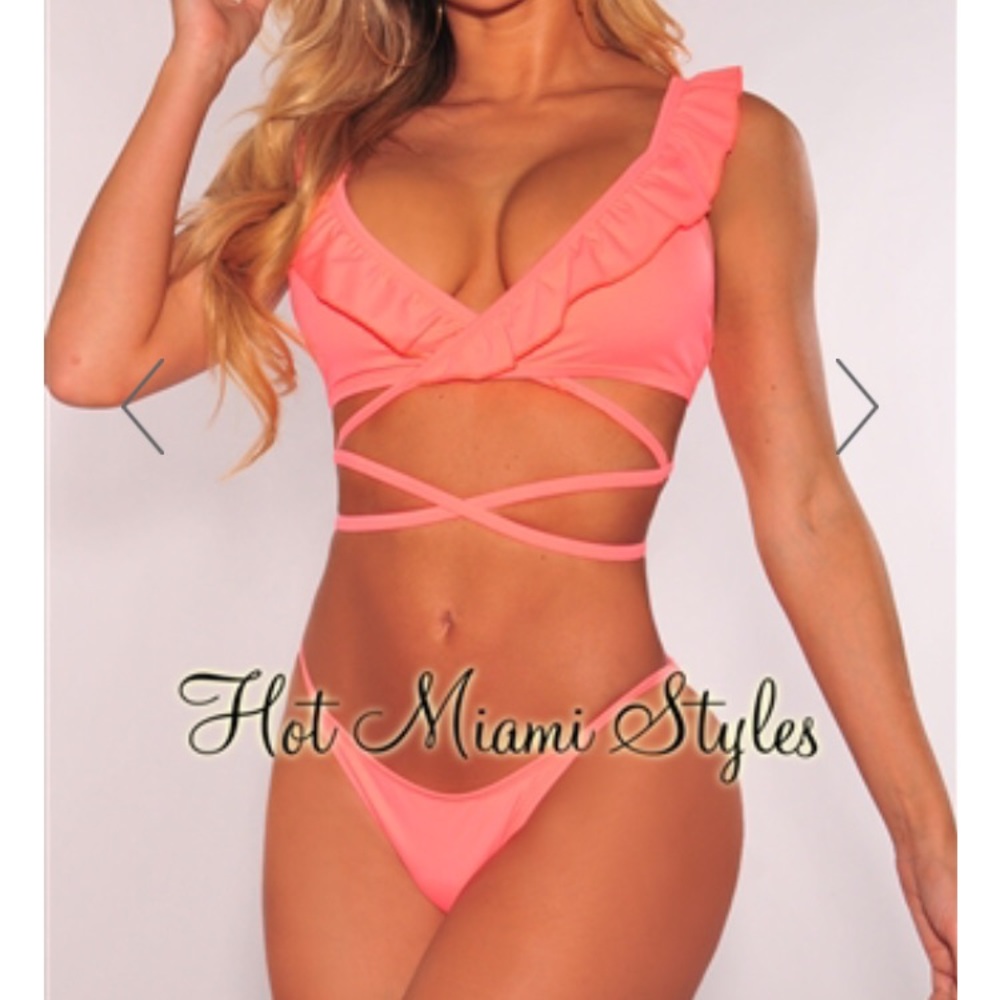 Very cute sexy bright melon color ruffle bikini